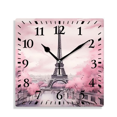 XNSJVGB 10 inch Square Wall Clock,Paris Eiffel Tower France Oil Painting Artwork Beautiful,Silent Non Ticking Wall Clocks for Living Room Kitchen Bedroom