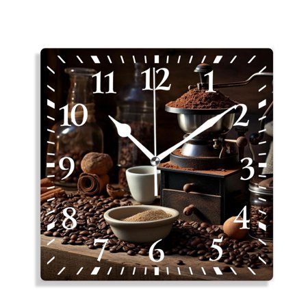 XNSJVGB 12 inch Square Wall Clock,Coffee Cup Beans Grinder Picture,Silent Non Ticking Wall Clocks for Living Room Kitchen Bedroom