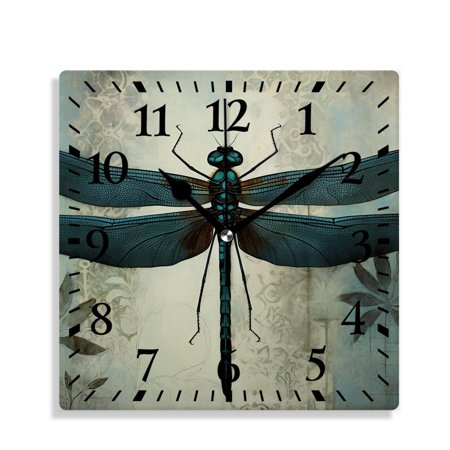 XNSJVGB 12 inch Square Wall Clock,Dragonfly Vintage Stylish Retro Beautiful,Silent Non Ticking Wall Clocks for Living Room Kitchen Bedroom