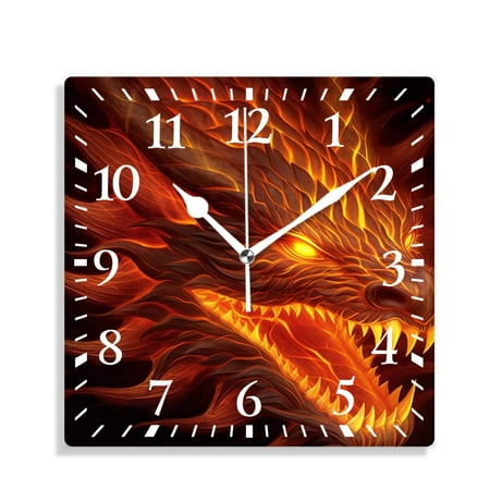 XNSJVGB 12 inch Square Wall Clock,Fire Head of Dragon Art,Silent Non Ticking Wall Clocks for Living Room Kitchen Bedroom