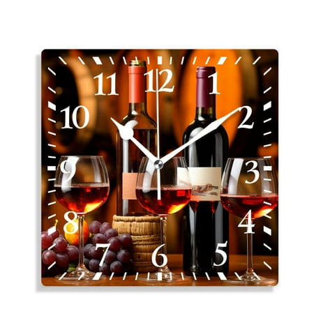 XNSJVGB 12 inch Square Wall Clock,Red Wine in Wine Glass Cute Drawing,Silent Non Ticking Wall Clocks for Living Room Kitchen Bedroom