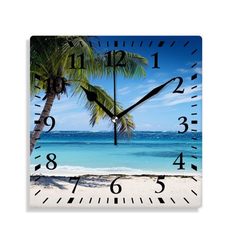 XNSJVGB 12 inch Square Wall Clock,Scenic Coral Beach with Palm Tree Art,Silent Non Ticking Wall Clocks for Living Room Kitchen Bedroom