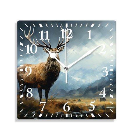 XNSJVGB 12 inch Square Wall Clock,Whitetail Deer Fawn in Wilderness Countryside Lovely Drawing,Silent Non Ticking Wall Clocks for Living Room Kitchen Bedroom