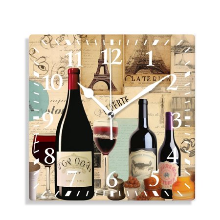 XNSJVGB 12 inch Square Wall Clock,Wine Bottles and Glasses Art,Silent Non Ticking Wall Clocks for Living Room Kitchen Bedroom