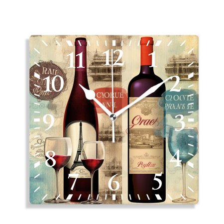 XNSJVGB 12 inch Square Wall Clock,Wine Bottles and Glasses Lovely Art,Silent Non Ticking Wall Clocks for Living Room Kitchen Bedroom