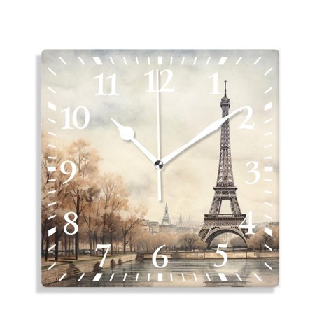 XNSJVGB 14 inch Square Wall Clock,Eiffel Tower Retro Paris Beautiful Pattern,Silent Non Ticking Wall Clocks for Living Room Kitchen Bedroom