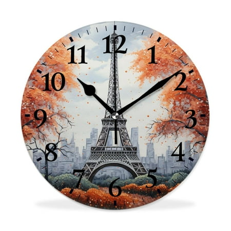 XNSJVGB Silent Non Ticking 12 inch Round Wall Clocks,Paris Eiffel Tower Couple Lovers style,Winter Birds Drawing,Decorative Clocks for Living Room Kitchen Bedroom