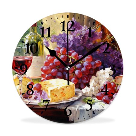 XNSJVGB Silent Non Ticking 12 inch Round Wall Clocks,Red Wine Cheese Pink Grapes Painting,Winter Birds Drawing,Decorative Clocks for Living Room Kitchen Bedroom