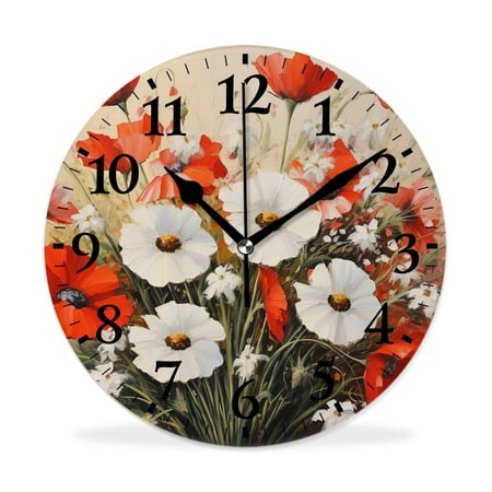 XNSJVGB Silent Non Ticking 12 inch Round Wall Clocks,Spring Flowers Poppies Vintage image,Winter Birds Drawing,Decorative Clocks for Living Room Kitchen Bedroom