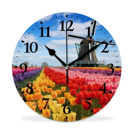 XNSJVGB Silent Non Ticking 12 inch Round Wall Clocks,Traditional Dutch Tulips elegant design,Winter Birds Drawing,Decorative Clocks for Living Room Kitchen Bedroom