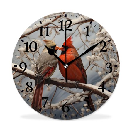 XNSJVGB Silent Non Ticking 12 inch Round Wall Clocks,Winter Cardinals Exquisite,Winter Birds Drawing,Decorative Clocks for Living Room Kitchen Bedroom