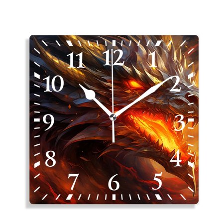 XNSJVGB Silent Non Ticking 12 inch square Wall Clocks,Fire Dragon Black Picture,Decorative Clocks for Living Room Kitchen Bedroom