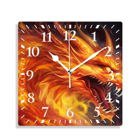 XNSJVGB Silent Non Ticking 12 inch square Wall Clocks,Fire Head of Dragon Picture,Decorative Clocks for Living Room Kitchen Bedroom