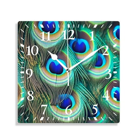 XNSJVGB Silent Non Ticking 12 inch square Wall Clocks,Green Peacock Feather Bird Picture,Decorative Clocks for Living Room Kitchen Bedroom