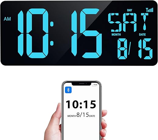 XREXS 17.2 Large Digital Wall Clock Bluetooth Sync Time, Precise Atomic Clocks with Remote Control, Adjustable Dimmer Grandfather Clock, Temperature Clock for Bedroom, Desk Alarm Clock for Teens