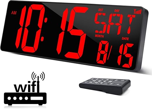 XREXS Large Digital Wall Clock WiFi Sync, 16.5 in Large Display Wall Clock with Temperature/Date/Week, LED Big Digital Timer Clock with Remote Control, Alarm Clock for Home and Office, Auto-dimming