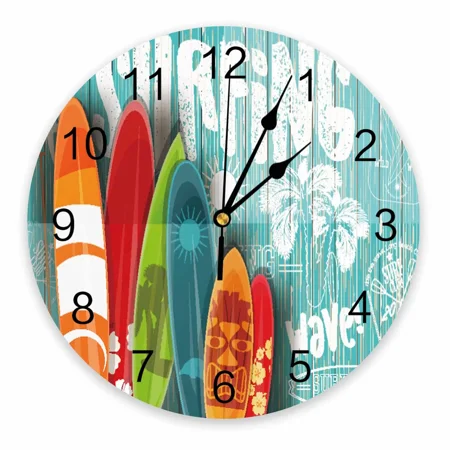 Surf Colorful Plank Art Hawaii rative Round Wall Clock Custom Design Non Ticking Silent Bedrooms Large Wall Clock