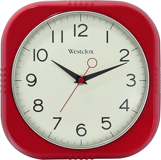 Westclox Retro Wall Clock Vintage 1950s Vintage Wall Clock for Retro Kitchen Decor with Large 9.5 Display & Quiet Ticking | 50's Mid Century Retro Clock for Kitchen or Living Room | Red/Square