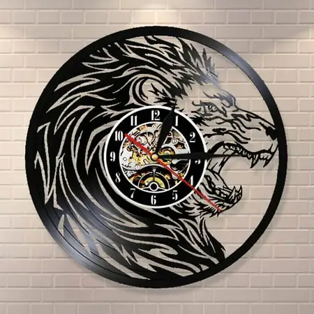 YanGxx African Lion Portrait Wildlife Animals Vinyl Record Wall Clock Wild Animals Handmade Safari Nursery Wall Art Decorative Clock