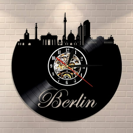 YanGxx Berlin City Skyline Wall Clock Germany Cityscape Vinyl Record Clock Germany Travel Decorative Clock Deutsche Wall Art Clock