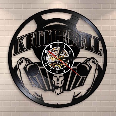 YanGxx Bodybuilding Kettlebell GYM Sign Wall Clock Weightlifting Workout Vinyl Record Wall Clock Exercise Inspirational Wall Watch Gift