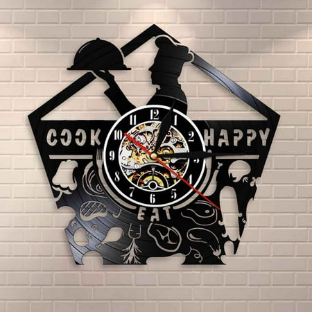 YanGxx Bon Appetit Happy Cook Wall Art Chef Wall Clock Kitchen Decoration Culinary Vinyl Record Wall Clock Gastronome Housewarming Gift