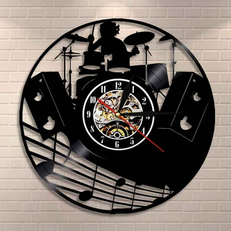 YanGxx Drum Kit Vinyl Record Wall Clock Music Band Drums Musical Instruments Rock Drummer Wall Clock Unique Gift For Rock Music Lover