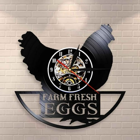 YanGxx Funny Chicken Silhouette Wall Clock Farm Fresh Eggs Farmhouse Style Rooster Vintage Record Wall Clock Modern Animal Wall Decor