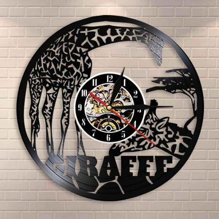 YanGxx Giraffe Wall Art Wildlife Animal Wall Clock Safari Wall Decor Vintage Vinyl Record Wall Clock Kid Room Decorative Clock Watch