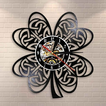 YanGxx Irish Clover Leaf Shamrock Wall Clock Ireland Flag Knot Retro Vinyl Record Wall Clock ireland Pride St Patricks Day Gift