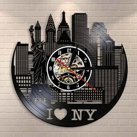 YanGxx New York Cityscape Modern Silent Wall Clock Watch Wall Decor NYC Skyline Vinyl Record Wall Clock Watches Unique Travel Gifts