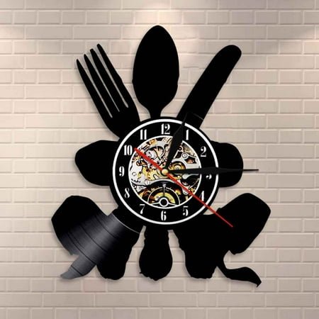 YanGxx Spoon Fork Knife Utensil Wall Art Vintage Kitchen Wall Decor Made Of Real Vinyl Record Wall Clock Cutlery Modern Wall Clock