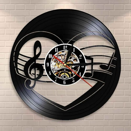 YanGxx Treble Bass Clef Heart Wall Clock Music Studio Room Wall Decor Music Notes Heart Vinyl Record Clock Musicians Valentines Gift