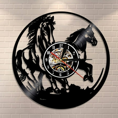 YanGxx Wild and Free Running Horse Wall Art Wall Clock Stallion Silhouette Horse Vinyl Record Wall Clock Gift For Jockey Horse Lovers