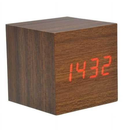 YARNOW 008-4 Mini Cube Shaped Voice Activated Red LED Digital Wood Wooden Alarm Clock with Date /Temperature (Brown)