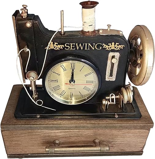 YCHTEWY-Retro Sewing Machine Style Desk Clock with Wooden Case - Manual Sewing Machine Vintage for Home Decor