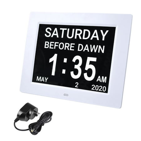 Yescom 8 Large Digital LCD Day Clock 8 Alarm Options Dimmable Calendar for Elderly Dementia Home Wall Table White