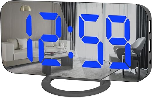 Ygdigital Digital Alarm Clocks,6.5 Inch Large Display LED Mirror Electronic Clock, with Dual USB Charging Ports,Snooze,12/24H,3 Adjustable Brightness,for Bedroom Home Office - Blue