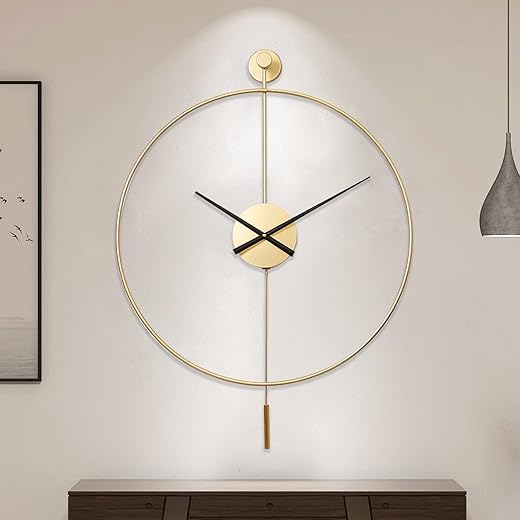 YISITEONE Classical Large Decorative Wall Clock with Pendulum, Modern Non-Ticking Silent Metal Wall Clocks for Living Room, Bedroom, Study, Office, 23.6 (Gold)