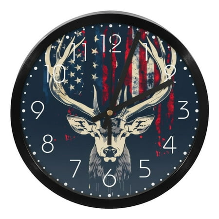 YOYOAMOY American Flag Deer Printed Precision Clock 9.8 Inches Silent Wall Clock Easy to Install Read