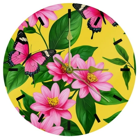 YZUOUZY Bathroom Wall Decor,Clock,Acrylic Wall Clocks,Pink Orchids Butterflies Palm Leaves