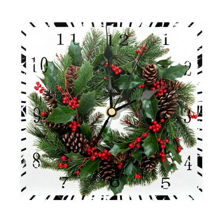 YZUOUZY Bathroom Wall Decor,Large Wall Clock,Wood Square Wall Clocks,Christmas Wreath Leaves Pine Cones