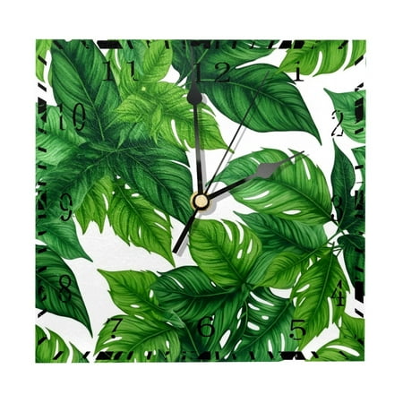 YZUOUZY Wall Decor for Bedroom,Large Wall Clock,Wood Square Clocks for Living Room,Tropical Leaves Green