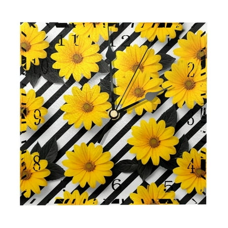 YZUOUZY Wall Decor for Bedroom,Large Wall Clock,Wood Square Wall Clocks Battery Operated,Yellow Chrysanthemum Flowers