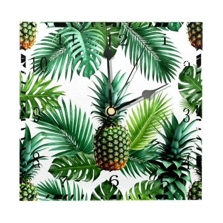 YZUOUZY Wall Decor for Bedroom,Outdoor Clock,Wood Square Wall Clocks,Pineapple Fruit Tropical Monstera Palm