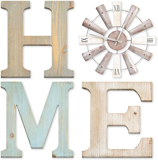 ZAZIWZ Farmhouse Home Signs with Windmill Clock Wall Decor Rustic Home Letters Wall Art for Living Room Kitchen Entryway Dining Room Bedroom (mix color)