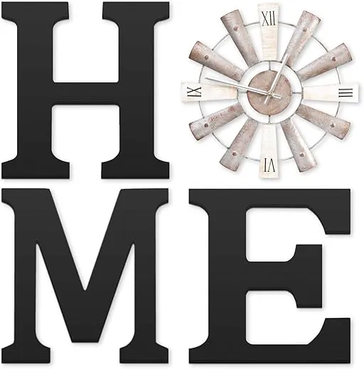 ZAZIWZ Farmhouse Home Signs with Windmill Clock Wall Decor Rustic Home Letters Wall Art for Living Room Kitchen Entryway Dining Room Bedroom (black)