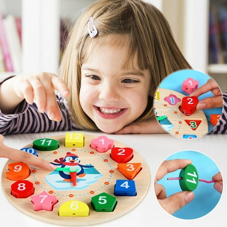 ZZkhGo Alarm Clocks for Bedrooms Clock for Bedroom Wooden Digital Clock Children's Alarm Clock Beaded Building Blocks Three-dimensional Puzzle Shape Matching Toy