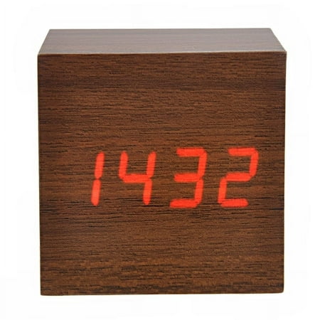 008-4 Mini Cube Shaped Voice Activated Red LED Digital Wood Wooden Alarm Clock with Date /Temperature (Brown)