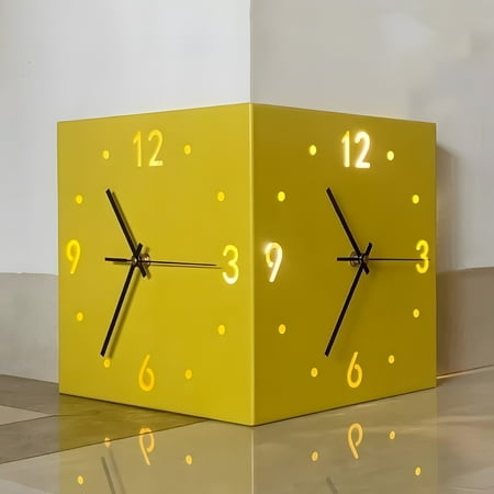 10.2 Double Sided Corner Wall Clock, Modern Silent Digital Clock with LED Sensor Light, Numeral Scale Battery Operated Silent Wall Clock for Living Bedroom Office, Yellow